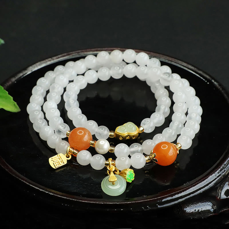 Nimara Ritual Natural White Jade Multi-layer Gourd Peace Buckle Fu Character Luck Bracelet