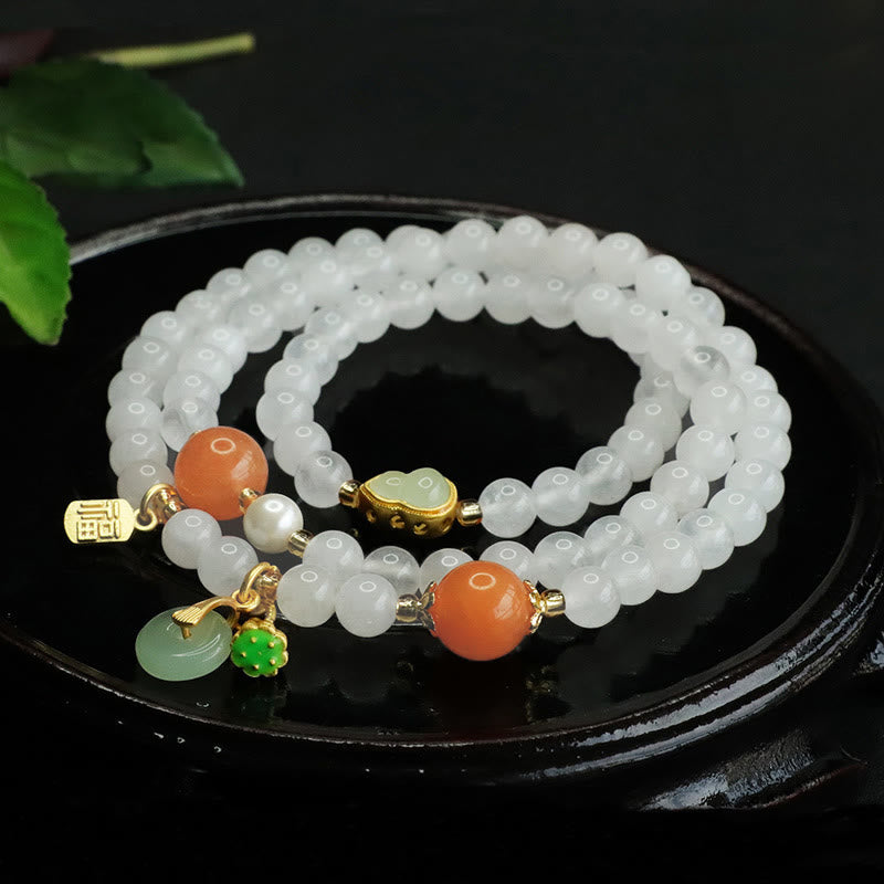 Nimara Ritual Natural White Jade Multi-layer Gourd Peace Buckle Fu Character Luck Bracelet