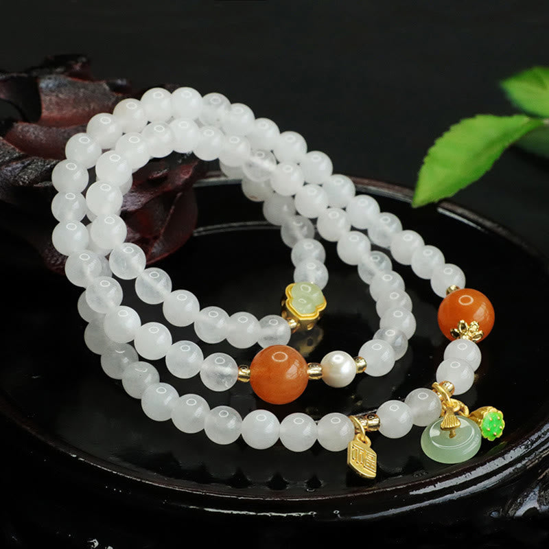 Nimara Ritual Natural White Jade Multi-layer Gourd Peace Buckle Fu Character Luck Bracelet