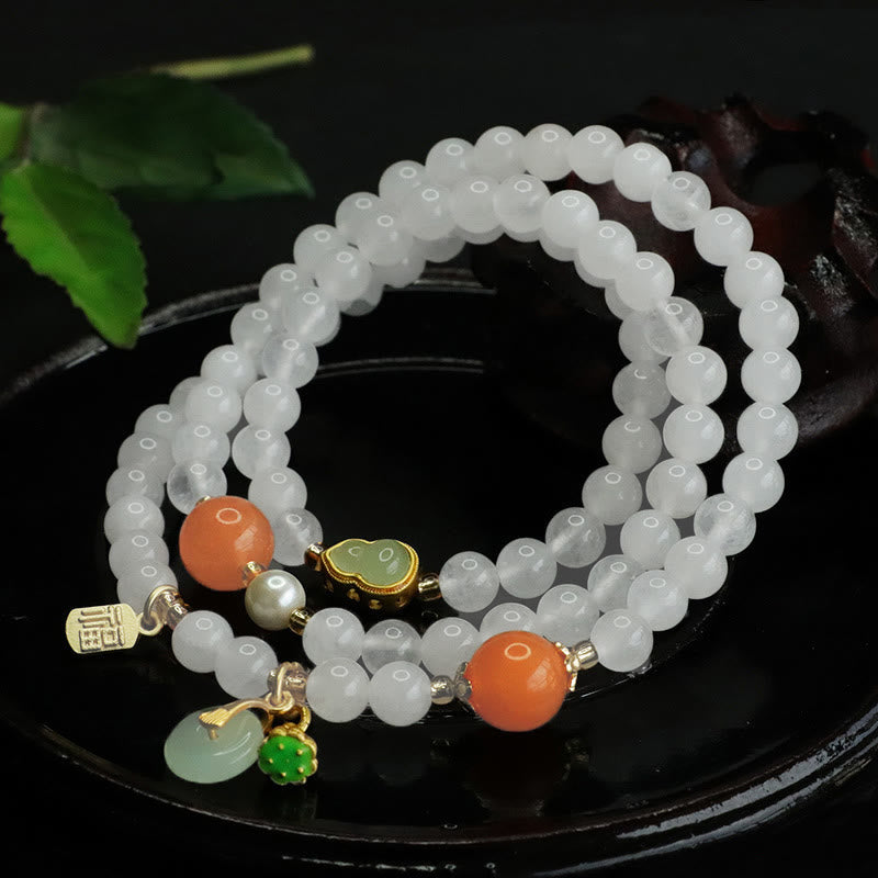 Nimara Ritual Natural White Jade Multi-layer Gourd Peace Buckle Fu Character Luck Bracelet