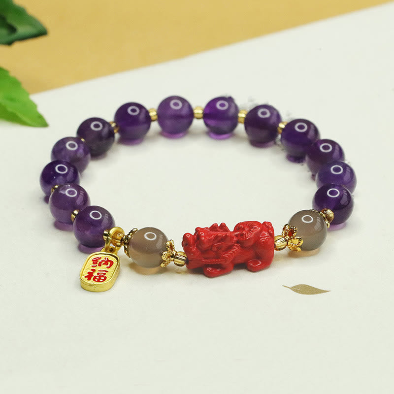 Nimara Ritual Natural Amethyst Cinnabar Pi Xiu Fu Character Balance Bracelet