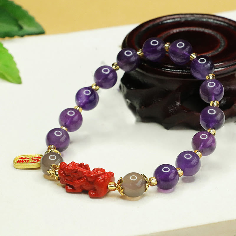 Nimara Ritual Natural Amethyst Cinnabar Pi Xiu Fu Character Balance Bracelet