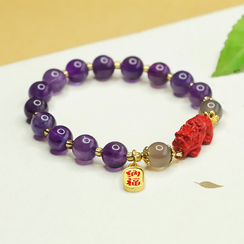 Nimara Ritual Natural Amethyst Cinnabar Pi Xiu Fu Character Balance Bracelet