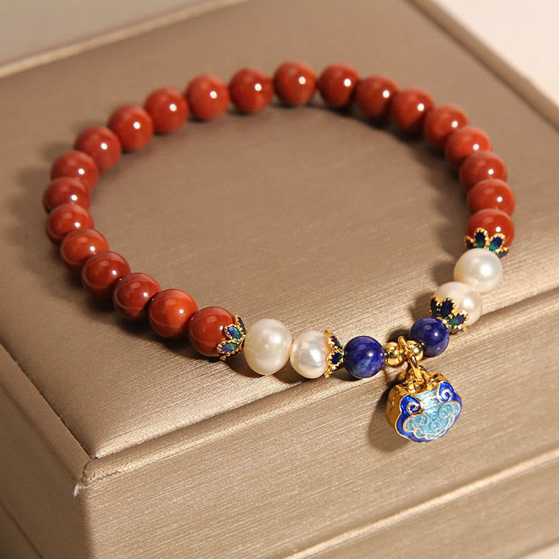 Nimara Ritual Natural South Red Agate Pearl Peace Lock Charm Positive Bracelet