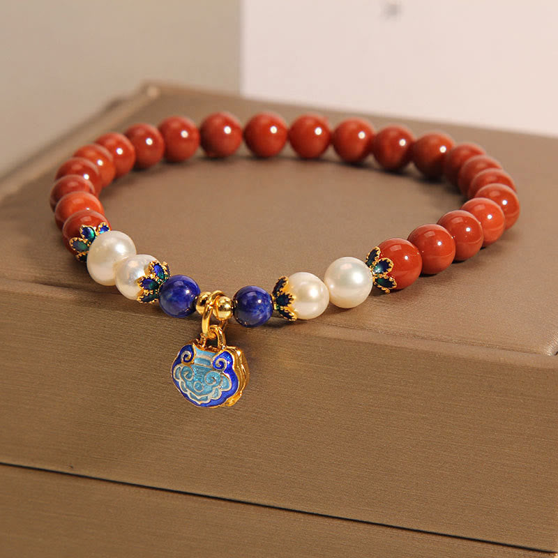 Nimara Ritual Natural South Red Agate Pearl Peace Lock Charm Positive Bracelet