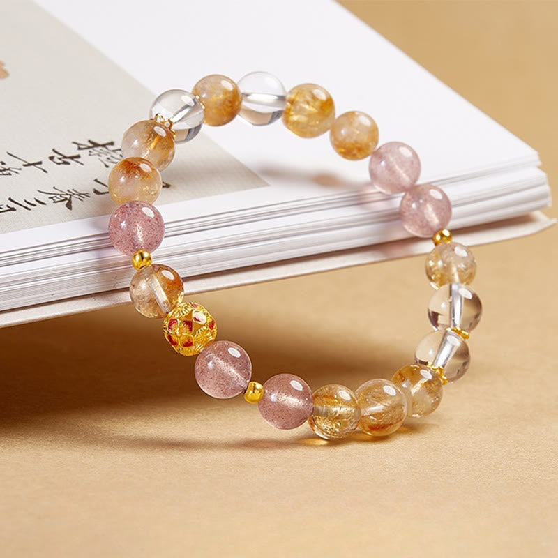 Nimara Ritual 999 Sterling Silver Citrine Strawberry Quartz White Crystal Protection Bracelet