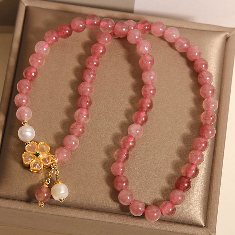Nimara Ritual Strawberry Quartz Four Leaf Clover Double Wrap Design Positive Bracelet