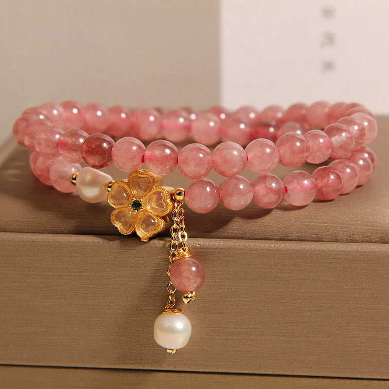 Nimara Ritual Strawberry Quartz Four Leaf Clover Double Wrap Design Positive Bracelet