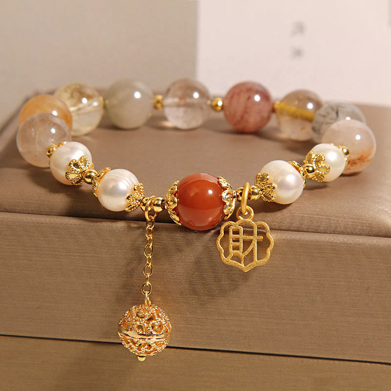 Nimara Ritual Natural Rutilated Quartz Pearl Attract Fortune Wealth Bracelet