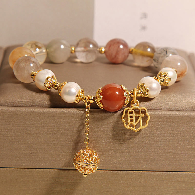 Nimara Ritual Natural Rutilated Quartz Pearl Attract Fortune Wealth Bracelet