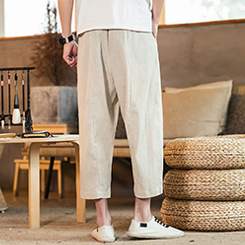Nimara Ritual Casual Solid Color Drawstring Men's Elastic Waistband Cotton Linen Pants With Pockets