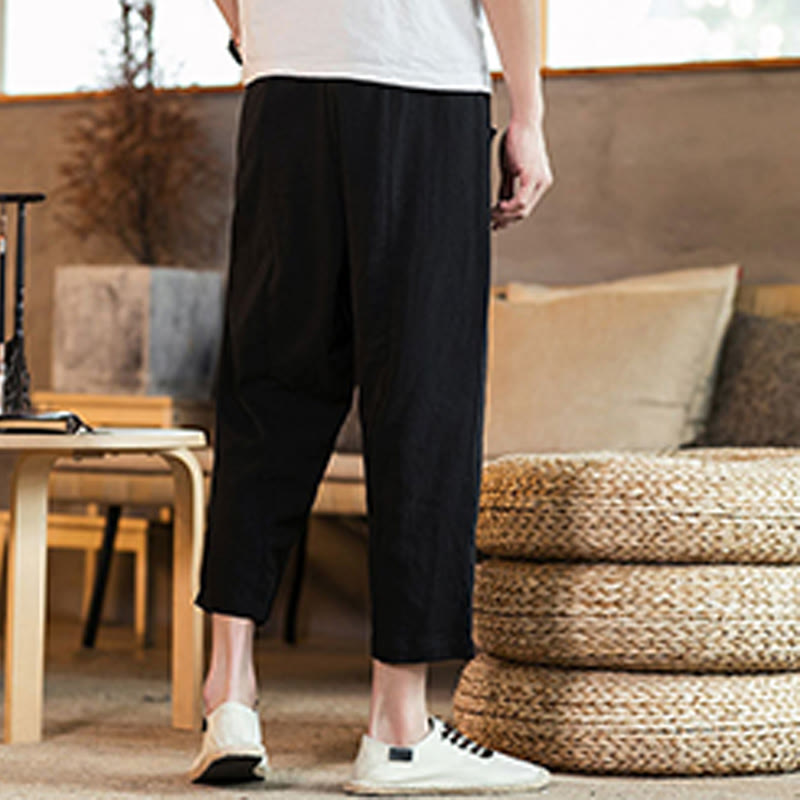 Nimara Ritual Casual Solid Color Drawstring Men's Elastic Waistband Cotton Linen Pants With Pockets