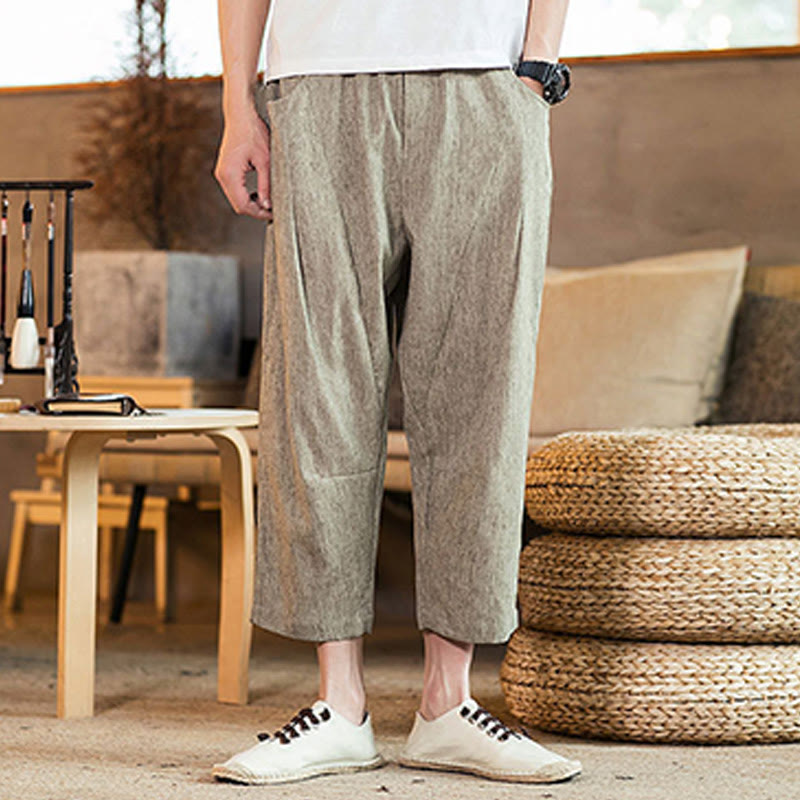 Nimara Ritual Casual Solid Color Drawstring Men's Elastic Waistband Cotton Linen Pants With Pockets