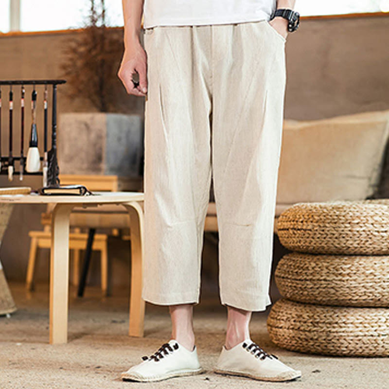 Nimara Ritual Casual Solid Color Drawstring Men's Elastic Waistband Cotton Linen Pants With Pockets