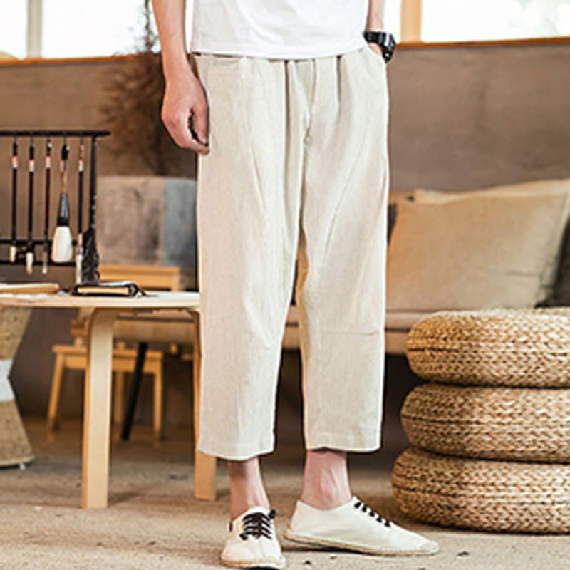 Nimara Ritual Casual Solid Color Drawstring Men's Elastic Waistband Cotton Linen Pants With Pockets