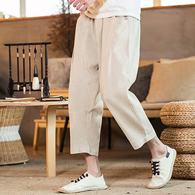 Nimara Ritual Casual Solid Color Drawstring Men's Elastic Waistband Cotton Linen Pants With Pockets