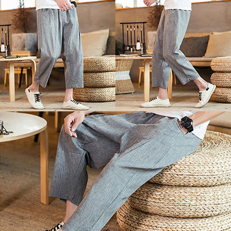 Nimara Ritual Casual Solid Color Drawstring Men's Elastic Waistband Cotton Linen Pants With Pockets