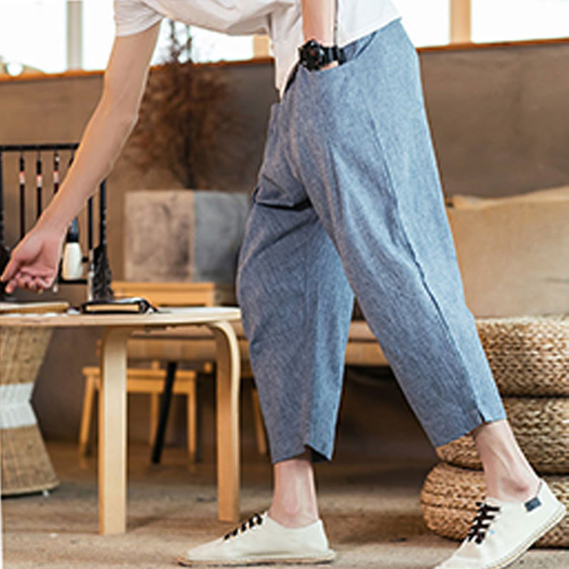 Nimara Ritual Casual Solid Color Drawstring Men's Elastic Waistband Cotton Linen Pants With Pockets