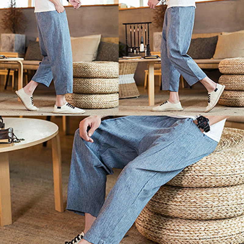 Nimara Ritual Casual Solid Color Drawstring Men's Elastic Waistband Cotton Linen Pants With Pockets