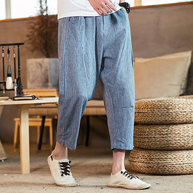 Nimara Ritual Casual Solid Color Drawstring Men's Elastic Waistband Cotton Linen Pants With Pockets