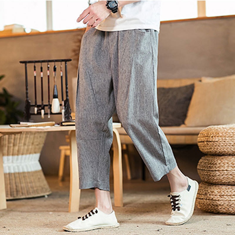 Nimara Ritual Casual Solid Color Drawstring Men's Elastic Waistband Cotton Linen Pants With Pockets