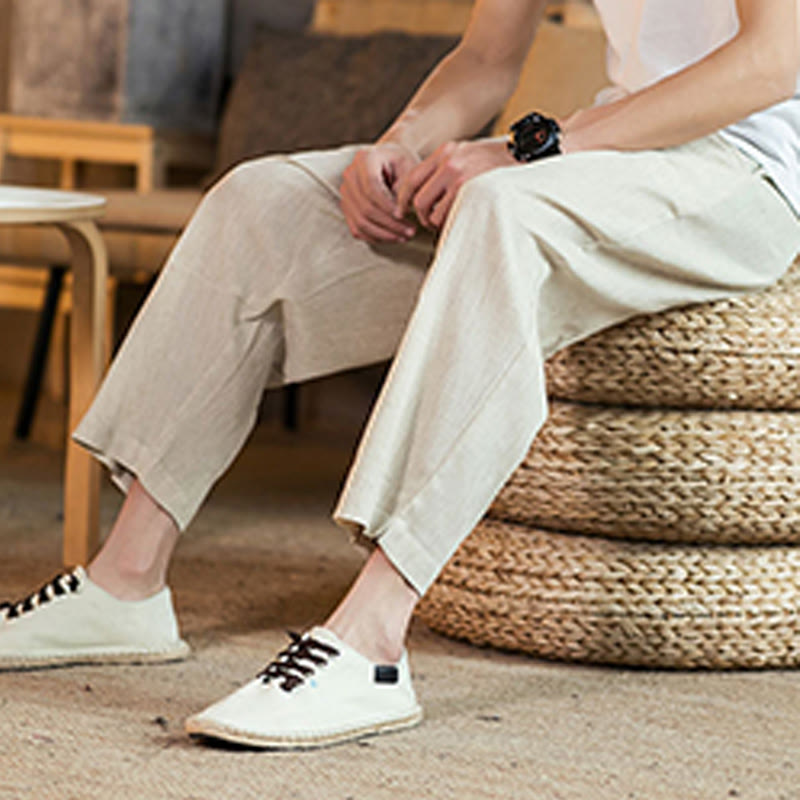 Nimara Ritual Casual Solid Color Drawstring Men's Elastic Waistband Cotton Linen Pants With Pockets