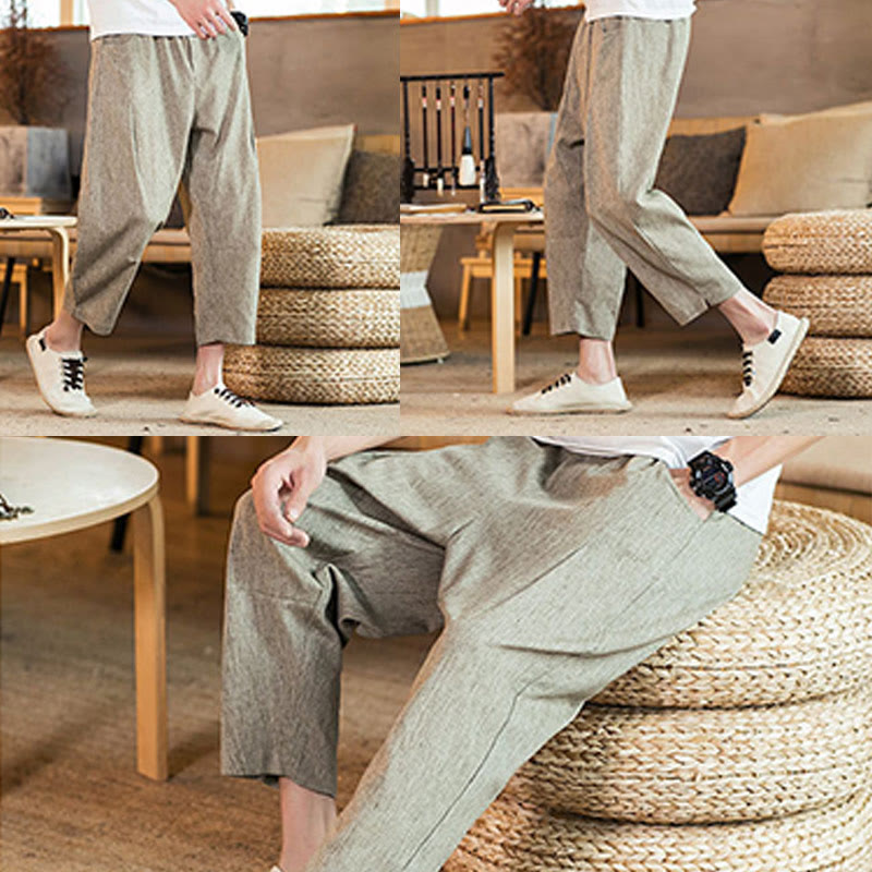 Nimara Ritual Casual Solid Color Drawstring Men's Elastic Waistband Cotton Linen Pants With Pockets