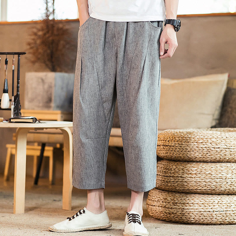Nimara Ritual Casual Solid Color Drawstring Men's Elastic Waistband Cotton Linen Pants With Pockets