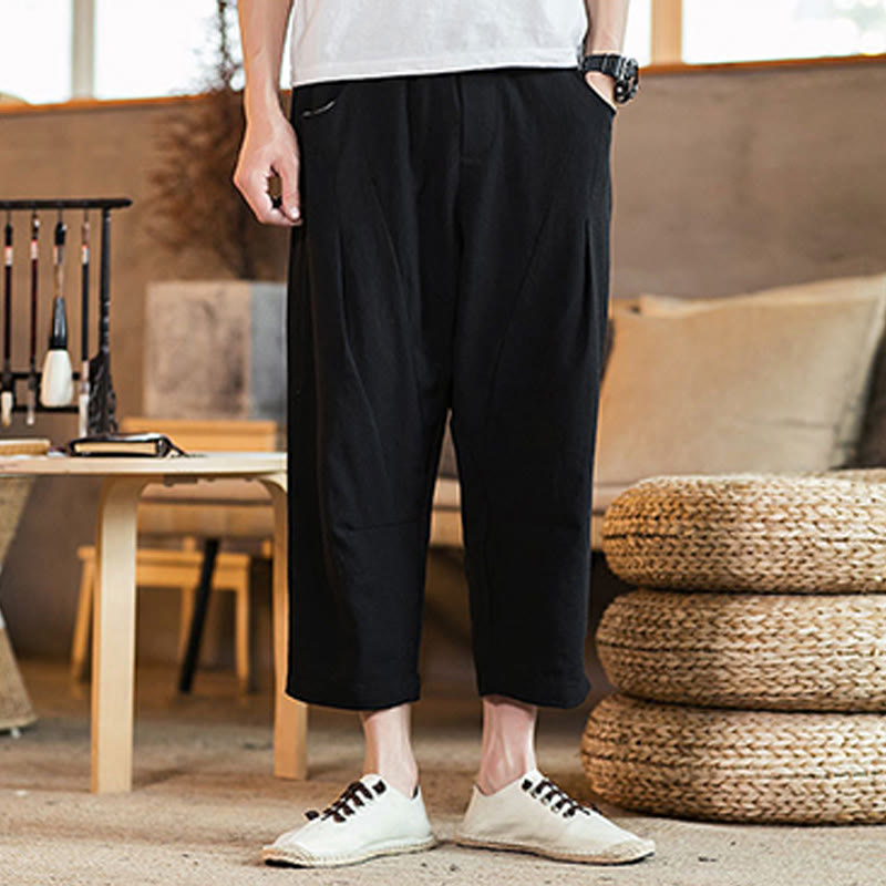 Nimara Ritual Casual Solid Color Drawstring Men's Elastic Waistband Cotton Linen Pants With Pockets