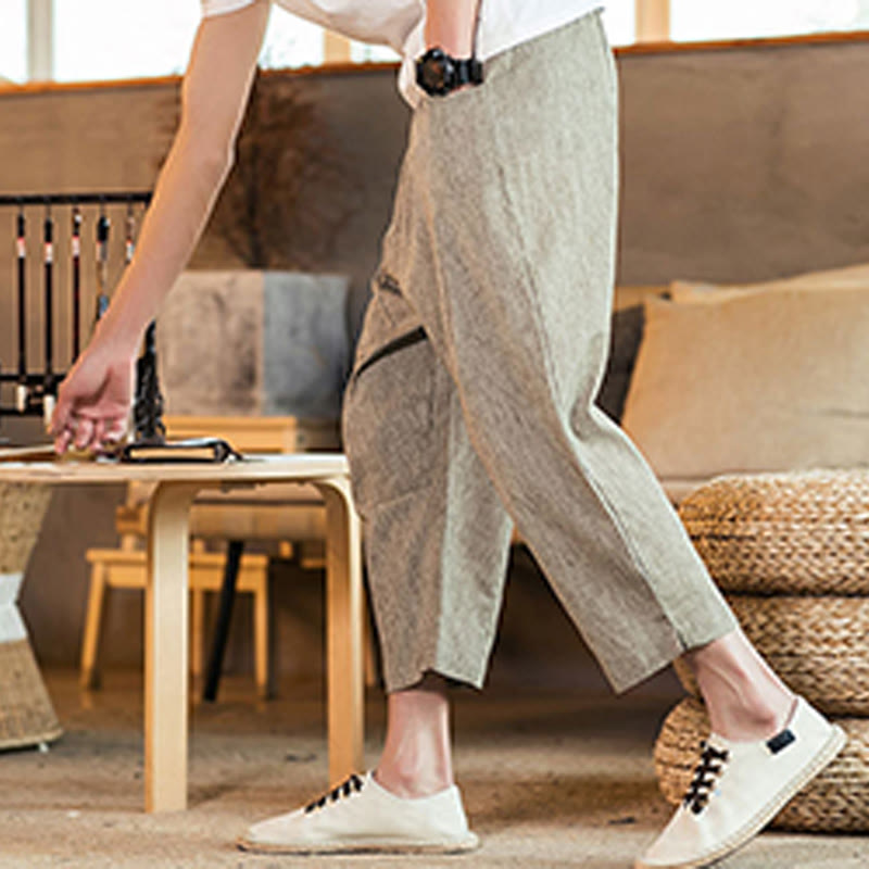 Nimara Ritual Casual Solid Color Drawstring Men's Elastic Waistband Cotton Linen Pants With Pockets
