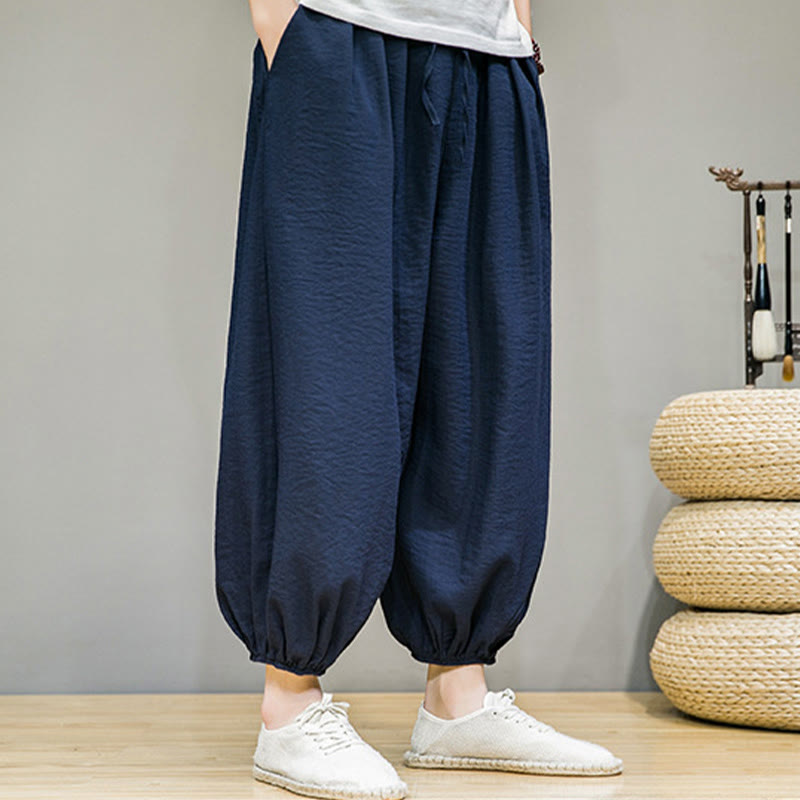 Nimara Ritual Summer Plain Drawstring Men's Ankle-Length Cotton Harem Pants With Pockets