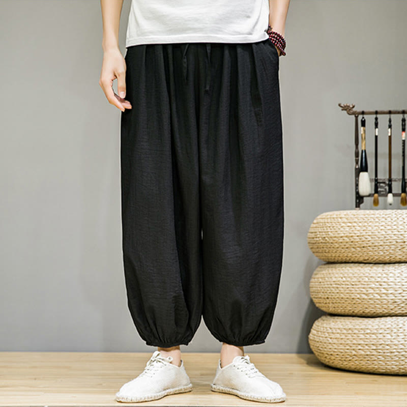 Nimara Ritual Summer Plain Drawstring Men's Ankle-Length Cotton Harem Pants With Pockets
