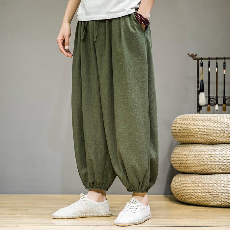 Nimara Ritual Summer Plain Drawstring Men's Ankle-Length Cotton Harem Pants With Pockets