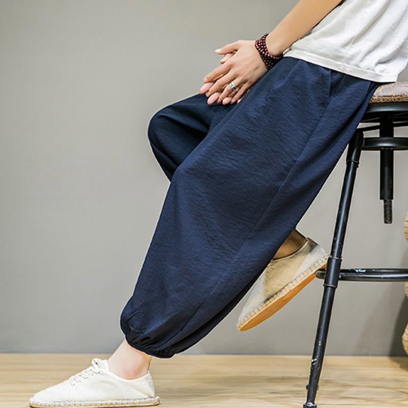 Nimara Ritual Summer Plain Drawstring Men's Ankle-Length Cotton Harem Pants With Pockets