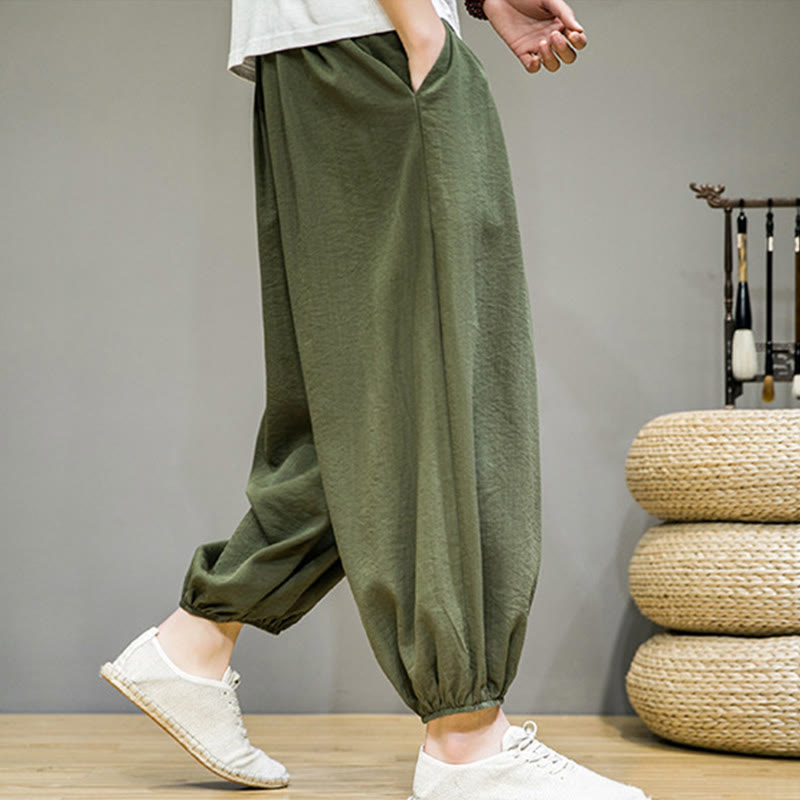 Nimara Ritual Summer Plain Drawstring Men's Ankle-Length Cotton Harem Pants With Pockets