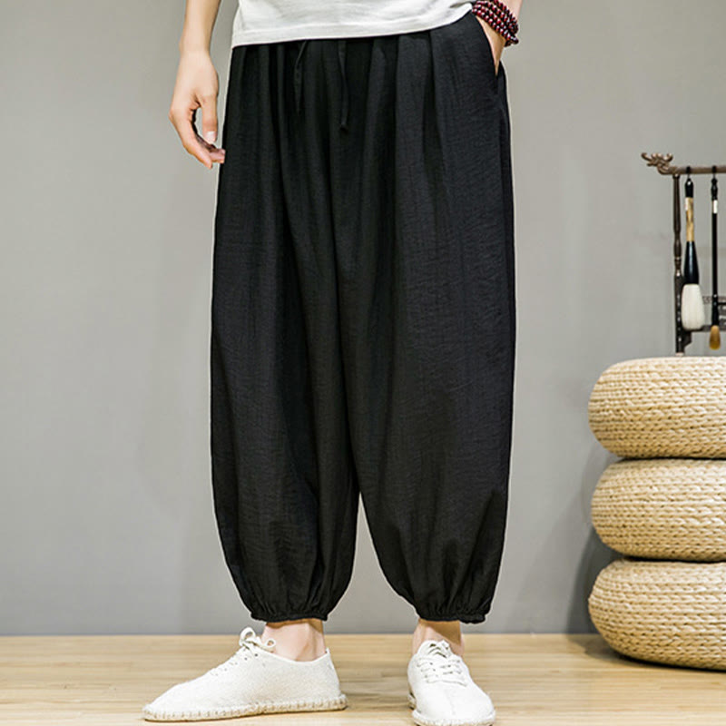 Nimara Ritual Summer Plain Drawstring Men's Ankle-Length Cotton Harem Pants With Pockets