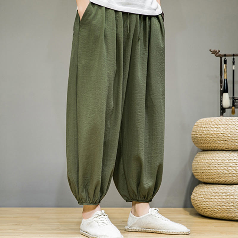 Nimara Ritual Summer Plain Drawstring Men's Ankle-Length Cotton Harem Pants With Pockets