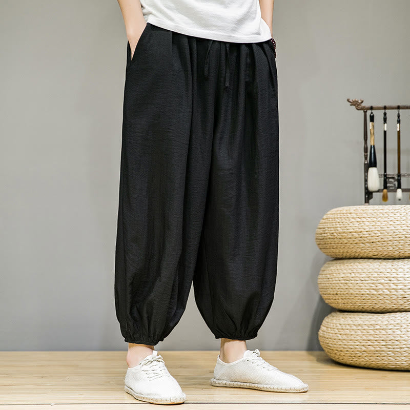 Nimara Ritual Summer Plain Drawstring Men's Ankle-Length Cotton Harem Pants With Pockets