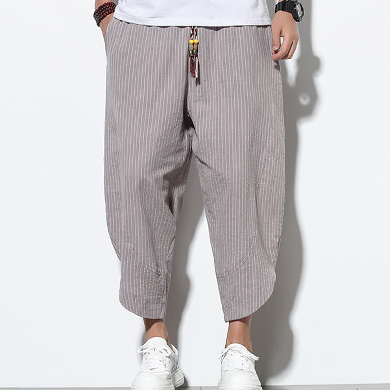 Nimara Ritual Summer Stripes Pattern Drawstring Cotton Linen Men's 7-8 Length Harem Pants With Pockets