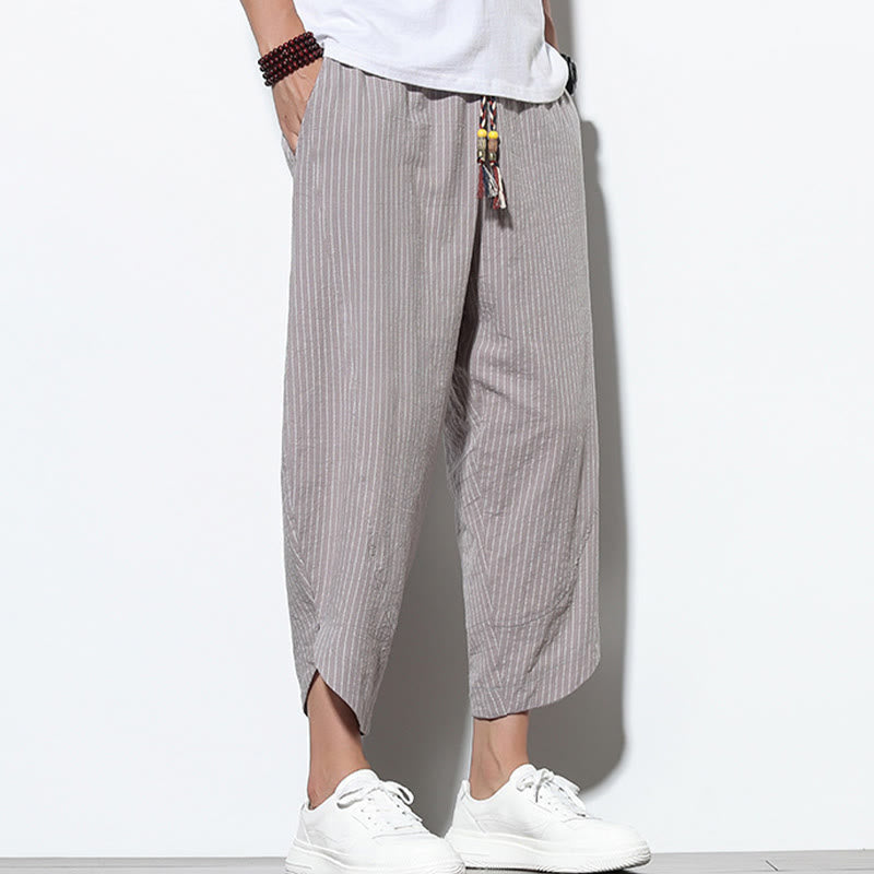 Nimara Ritual Summer Stripes Pattern Drawstring Cotton Linen Men's 7-8 Length Harem Pants With Pockets