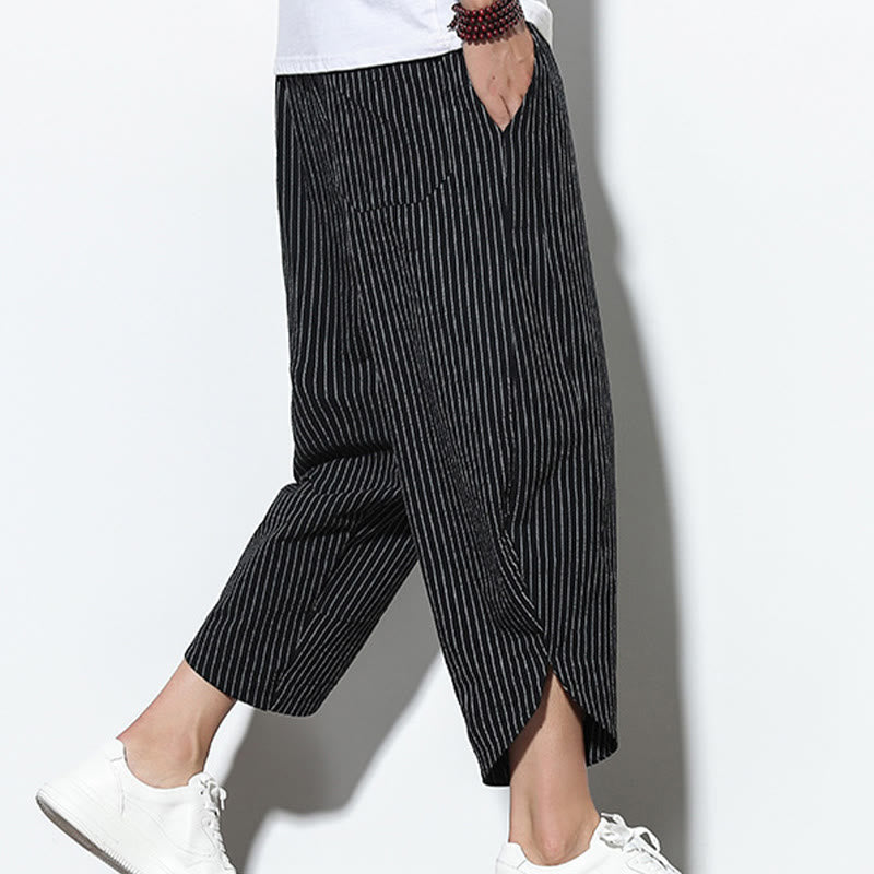 Nimara Ritual Summer Stripes Pattern Drawstring Cotton Linen Men's 7-8 Length Harem Pants With Pockets