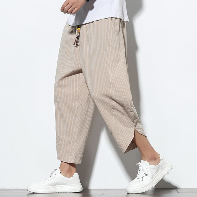 Nimara Ritual Summer Stripes Pattern Drawstring Cotton Linen Men's 7-8 Length Harem Pants With Pockets