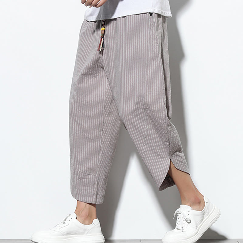 Nimara Ritual Summer Stripes Pattern Drawstring Cotton Linen Men's 7-8 Length Harem Pants With Pockets