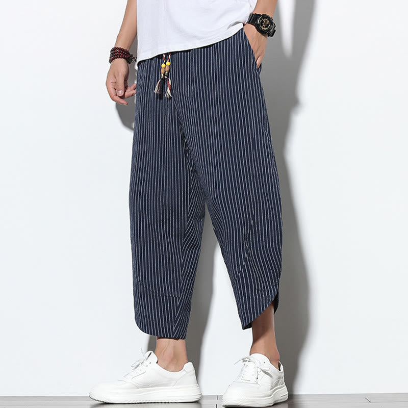 Nimara Ritual Summer Stripes Pattern Drawstring Cotton Linen Men's 7-8 Length Harem Pants With Pockets