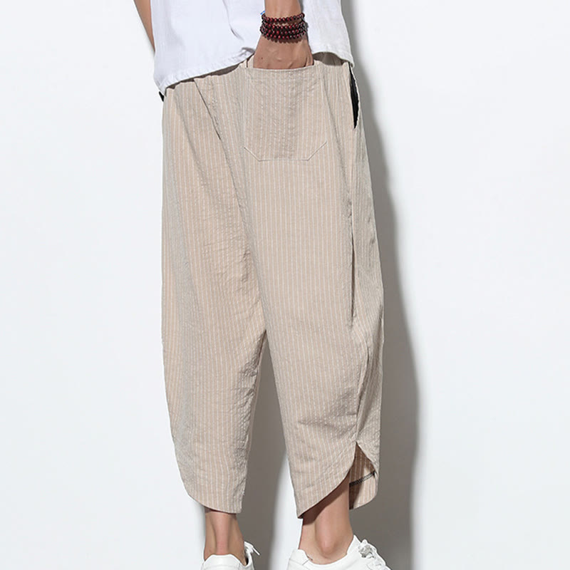 Nimara Ritual Summer Stripes Pattern Drawstring Cotton Linen Men's 7-8 Length Harem Pants With Pockets