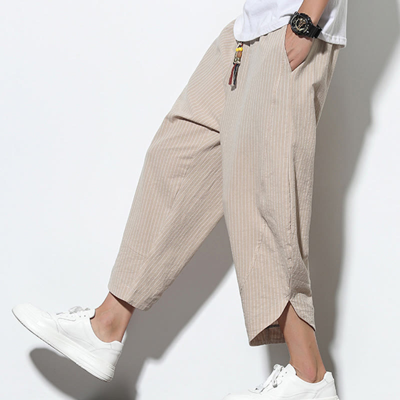 Nimara Ritual Summer Stripes Pattern Drawstring Cotton Linen Men's 7-8 Length Harem Pants With Pockets