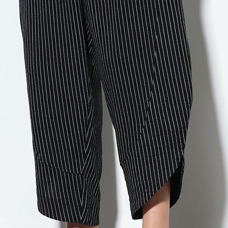 Nimara Ritual Summer Stripes Pattern Drawstring Cotton Linen Men's 7-8 Length Harem Pants With Pockets