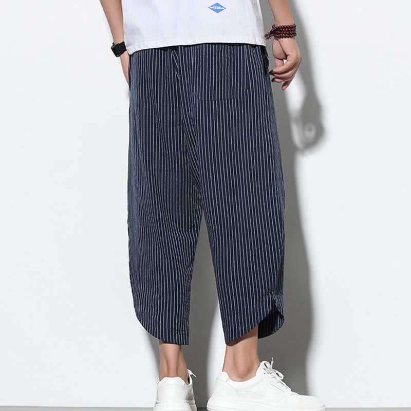 Nimara Ritual Summer Stripes Pattern Drawstring Cotton Linen Men's 7-8 Length Harem Pants With Pockets