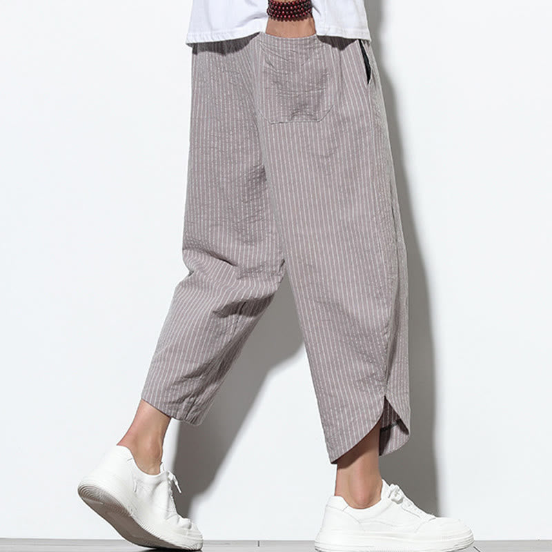 Nimara Ritual Summer Stripes Pattern Drawstring Cotton Linen Men's 7-8 Length Harem Pants With Pockets