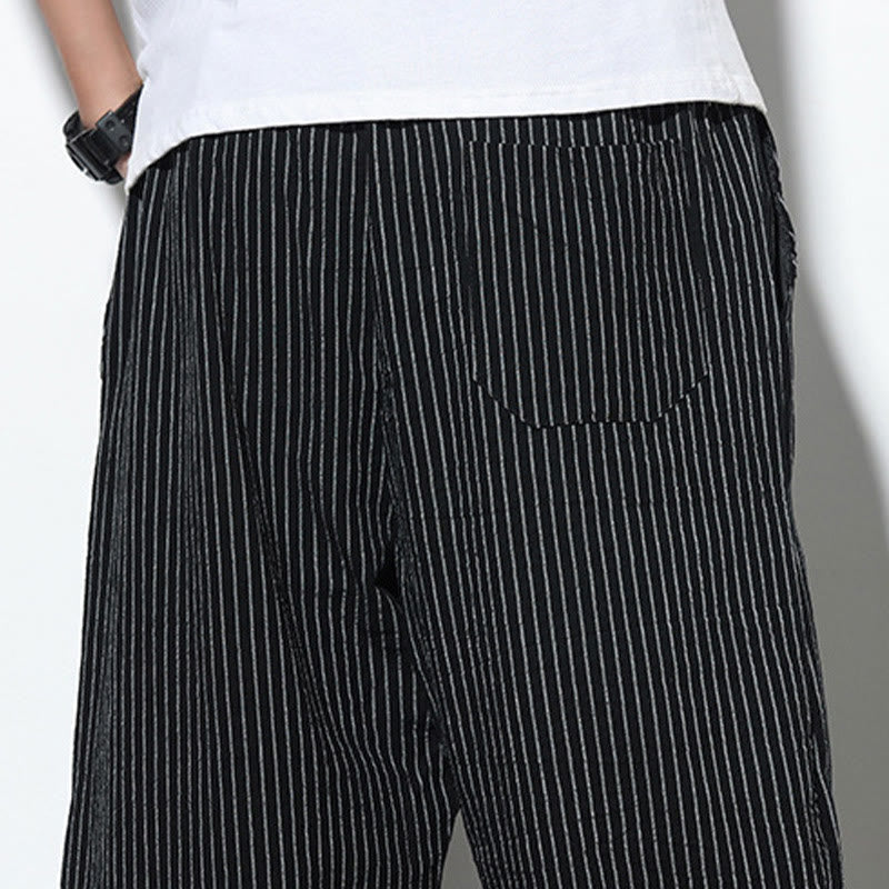 Nimara Ritual Summer Stripes Pattern Drawstring Cotton Linen Men's 7-8 Length Harem Pants With Pockets